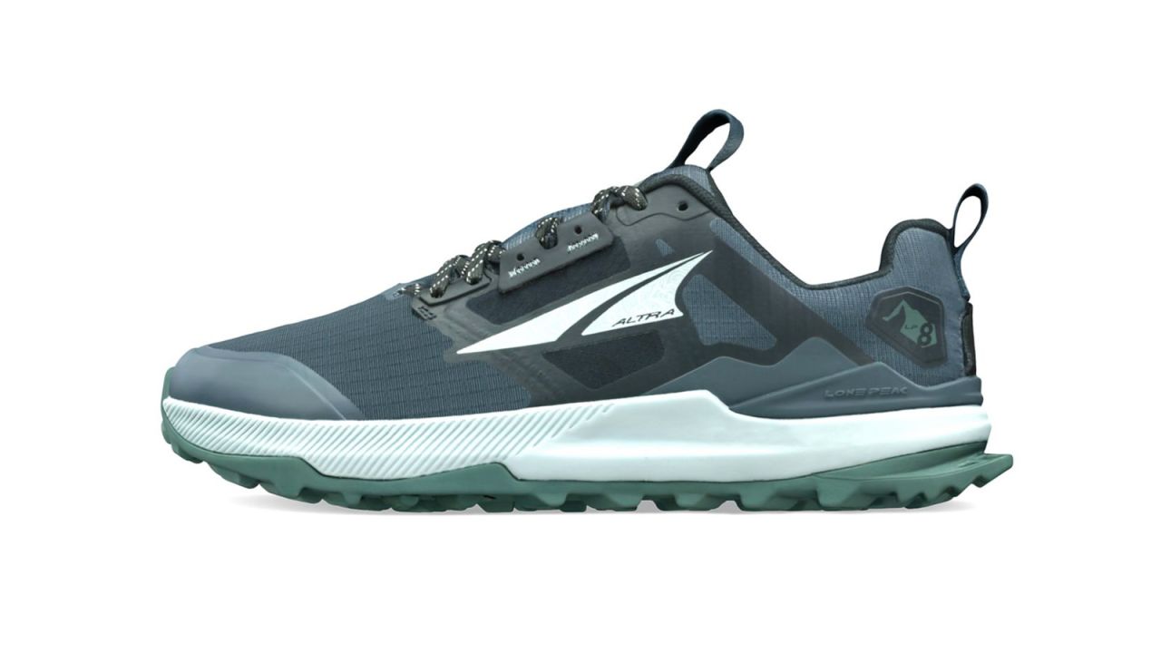 Women's Altra Lone Peak 8 trail running shoe in black/gray on a white background.