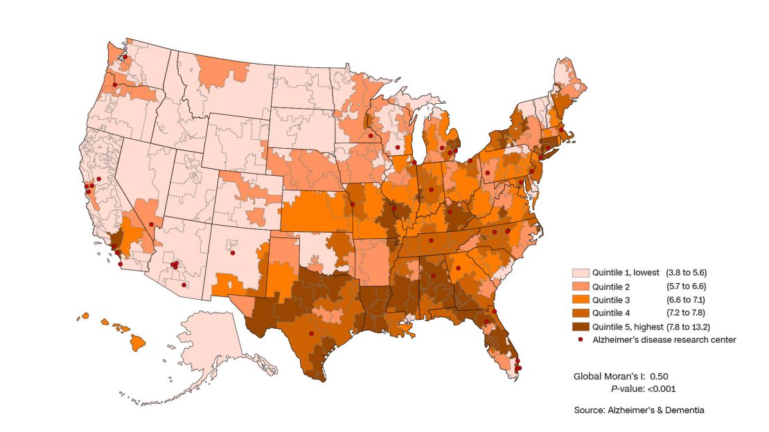 Alzheimer's diagnoses are traditionally higher in the Southeast, known as the "stroke belt." The darkest color indicates the most cases and the lightest color the fewest.