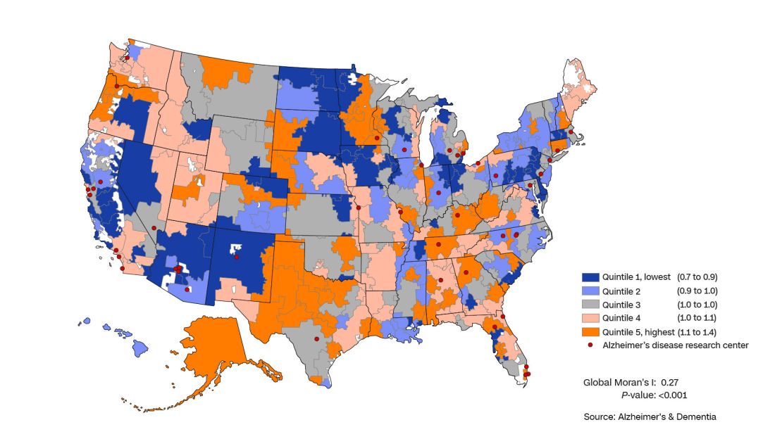 People who live in areas colored in dark and light orange are more likely to get a timely dementia diagnosis than those who live in regions colored with<strong> </strong>dark and mid-blue tones, a new study finds.