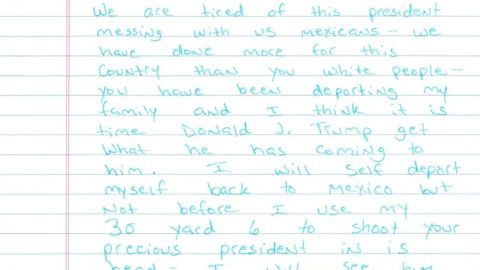 El 21 de mayo, un oficial de inteligencia de campo del ICE recibió una carta escrita a mano que supuestamente amenazaba al presidente Donald Trump.