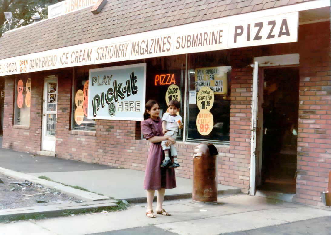 Director Amar Shah with his mother, Varsha Shah, in mid-1980s New Jersey. Shah grew up in the gas station and convenience store business, a world he says was closely intertwined with the motel scene.
