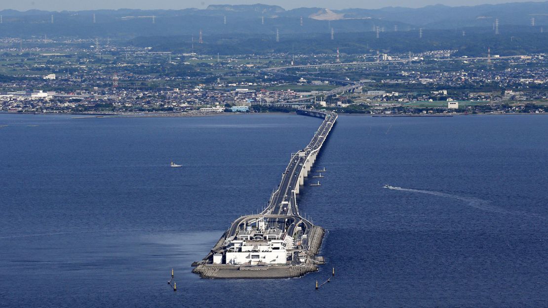 The Tokyo Bay Aqua-Line tunnel turns into a bridge after connecting to a manmade island.