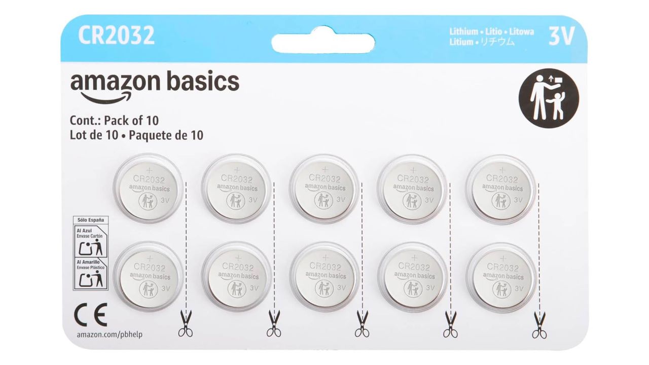 A 10-pack of circular batteries from the Amazon Basics brand