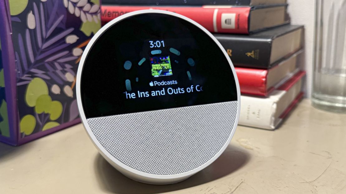 An Amazon Echo Spot is playing the podcast "Pablo Torre Finds Out"