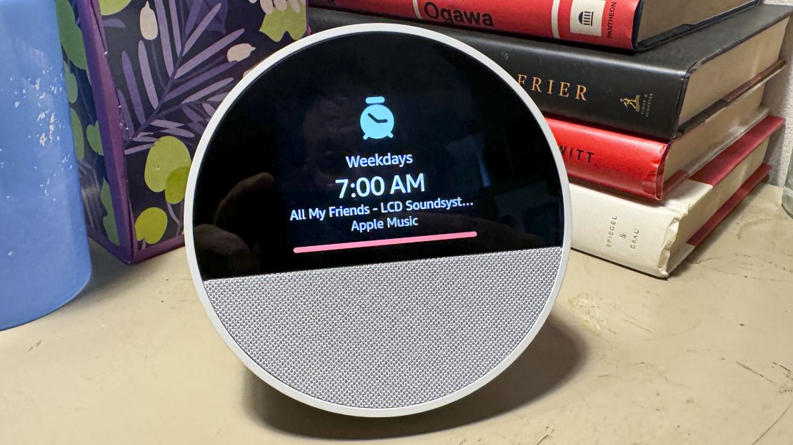 An Amazon Echo Spot 2024 is playing LCD Soundsystem's "All My Friends" during a 7am alarm