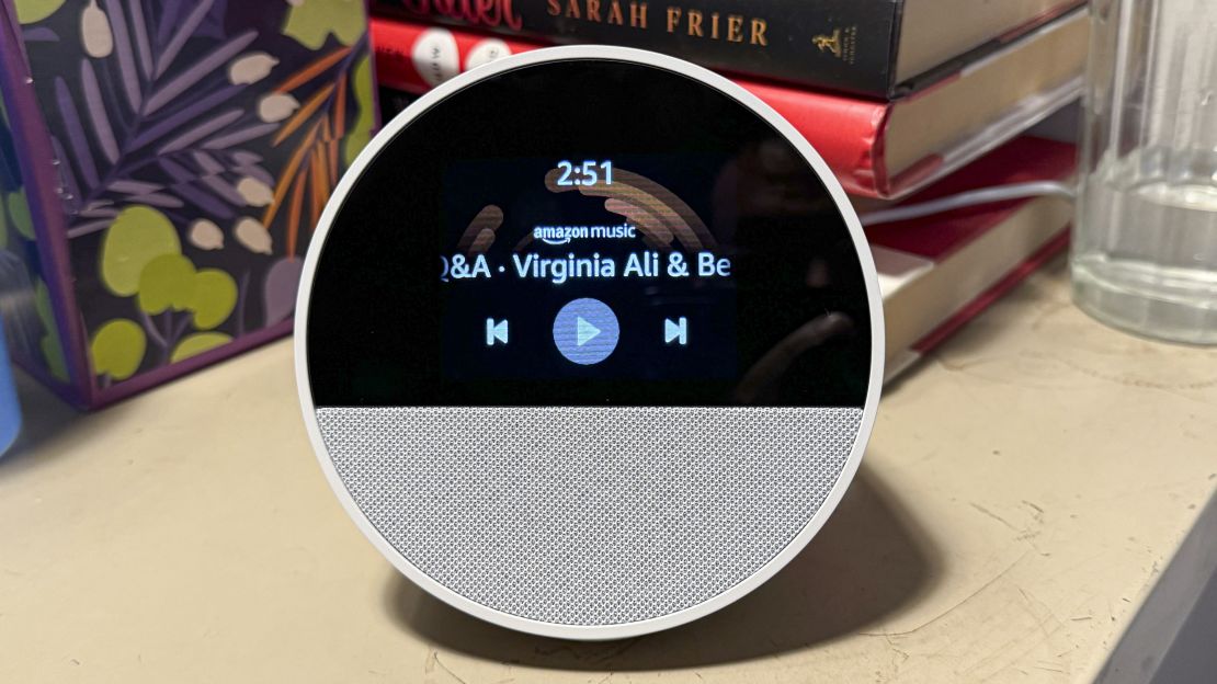 Amazon Echo Spot playing something titled "Q&A ? Virginia Ali & Be" from Amazon Music