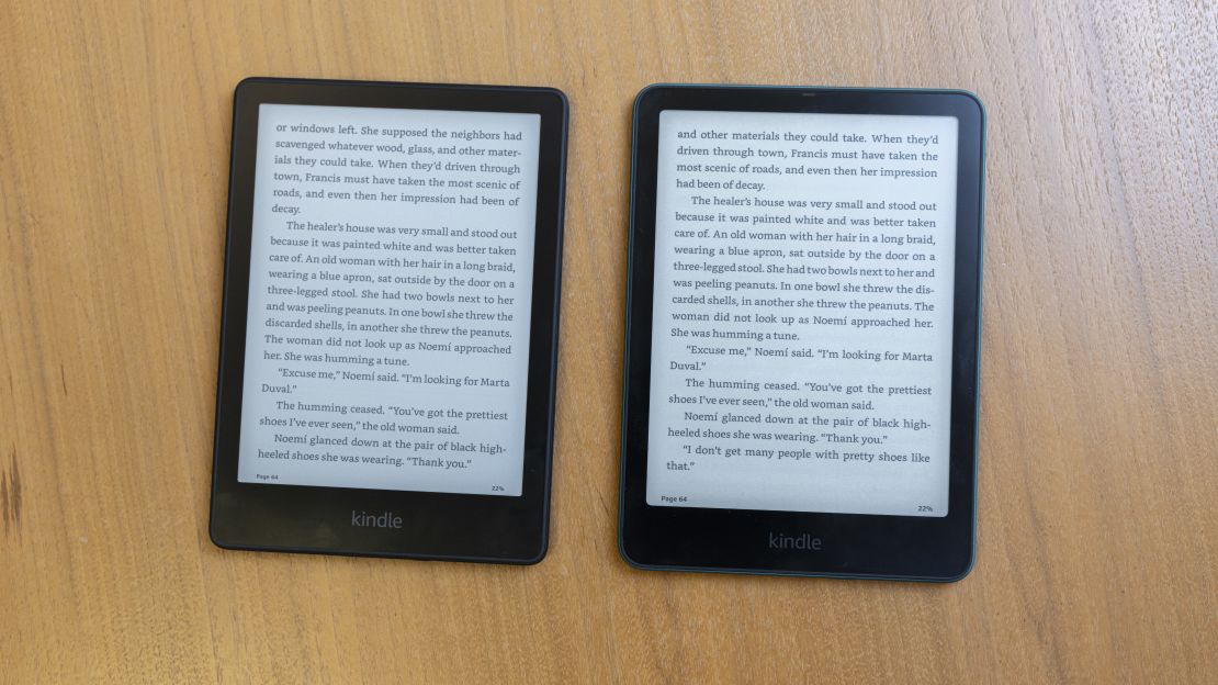 (R, L) the Amazon Kindle Paperwhite 2024 and 2021 models open to pages of text