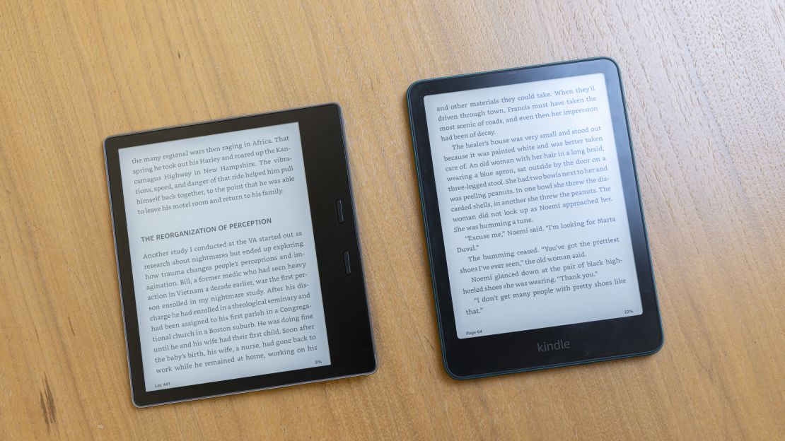 The Amazon Kindle Paperwhite (right) and Kindle Oasis (left).