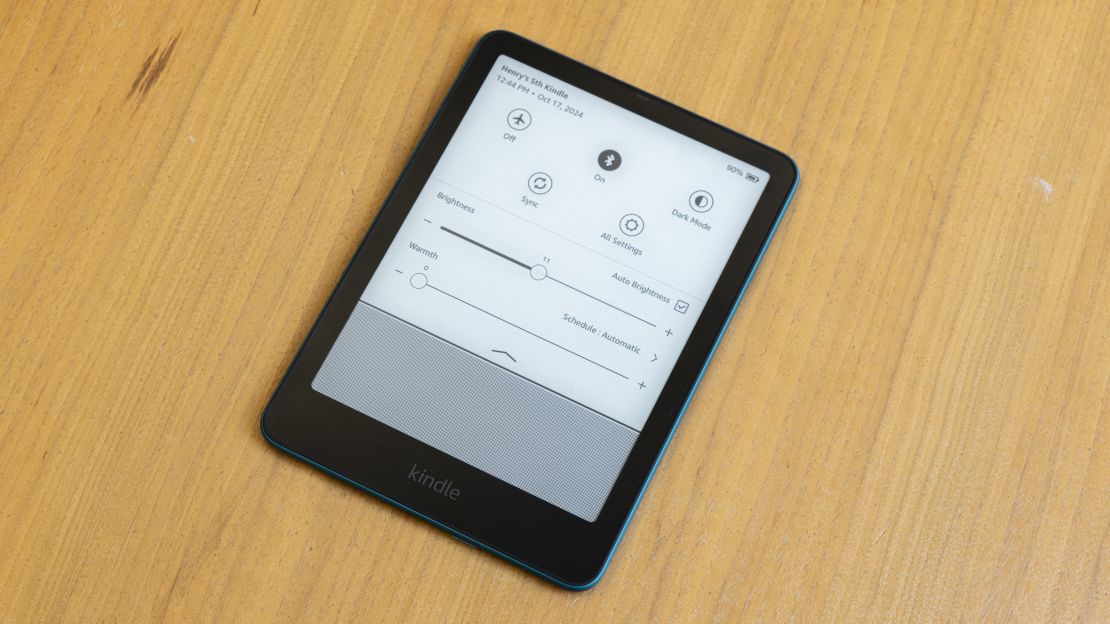 The Amazon Kindle Paperwhite with settings menu open