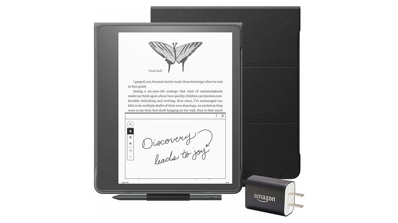 A photo of the Amazon Kindle Scribe Essentials Bundle and its included accessories