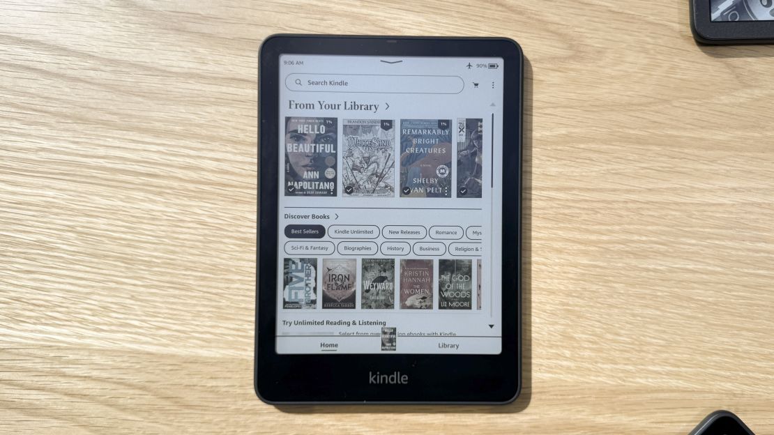 The Amazon Kindle Colorsoft open to the Library