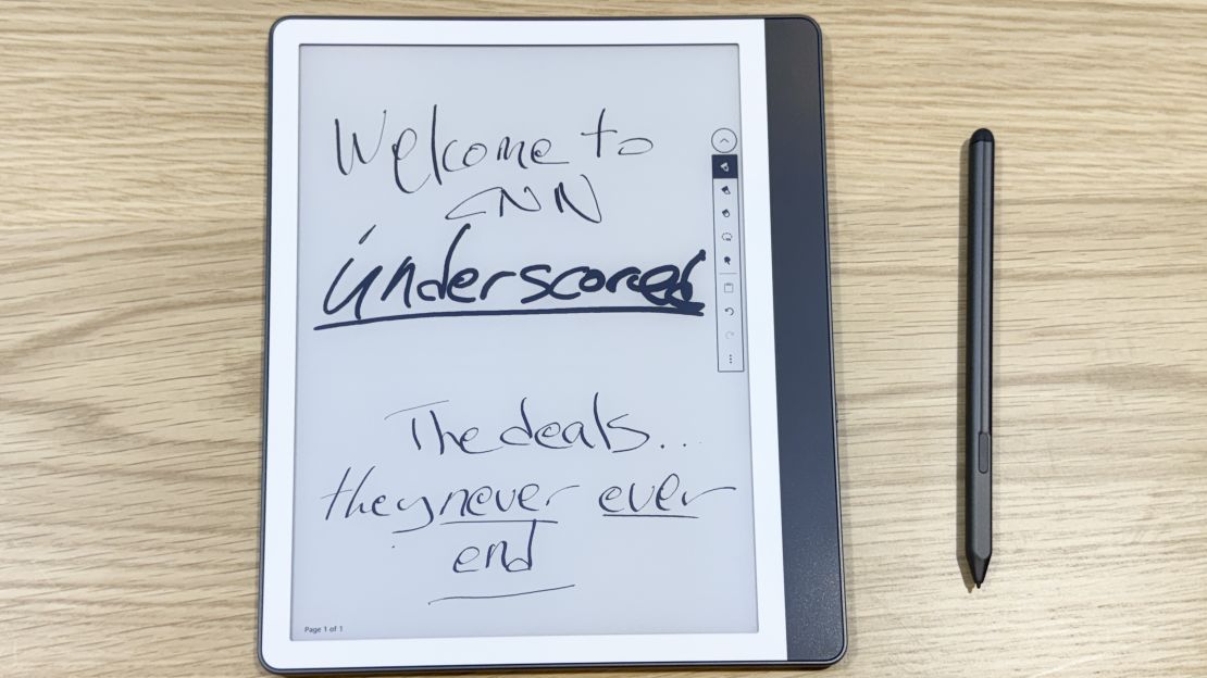 Amazon Kindle Scribe (2024) with pen, text reads "Welcome to CNN Undercored, the deals they never end"