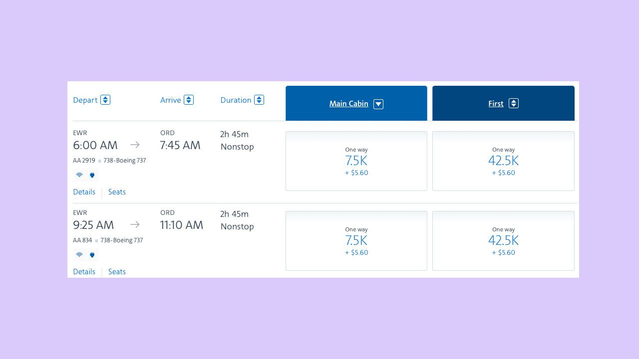 A screenshot showing American Airlines award flights from Newark to Chicago