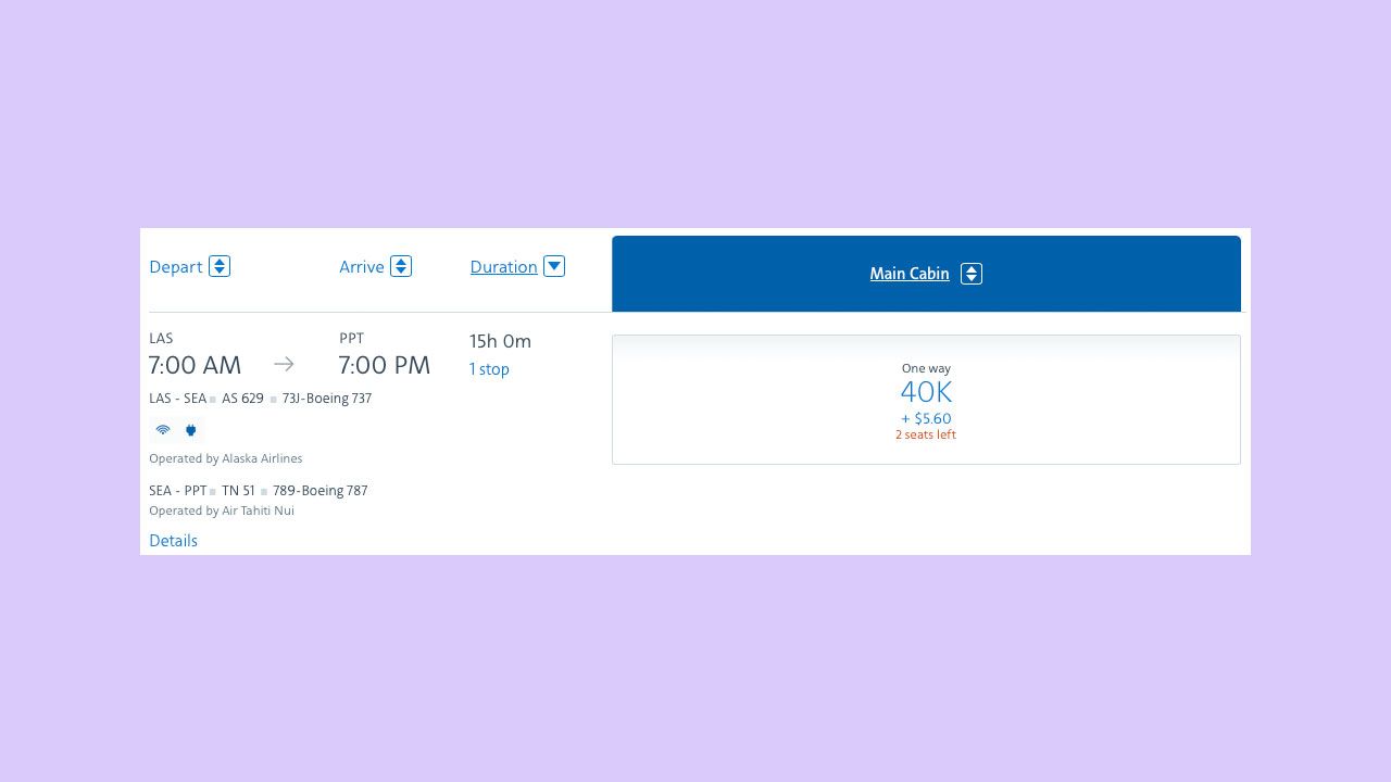 A screenshot showing an award ticket from Las Vegas to Tahiti in French Polynesia operated by Air Tahiti Nui