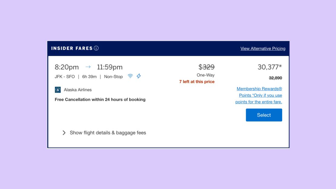 A screenshot showing American Express Insider Fares for an Alaska Airlines flight on Amex Travel