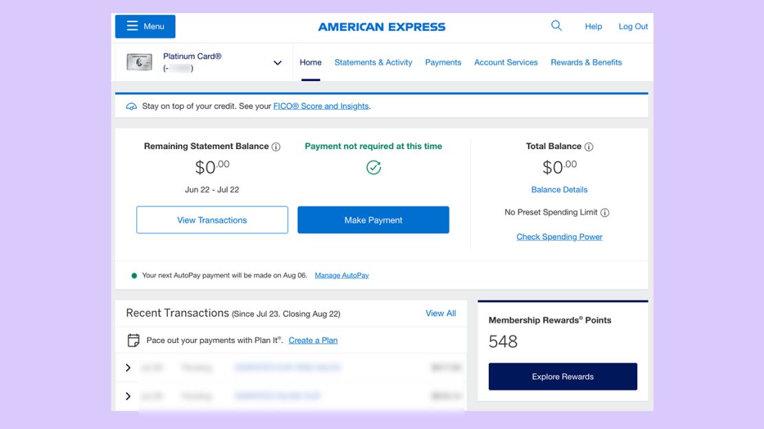 A screenshot of an Amex account page