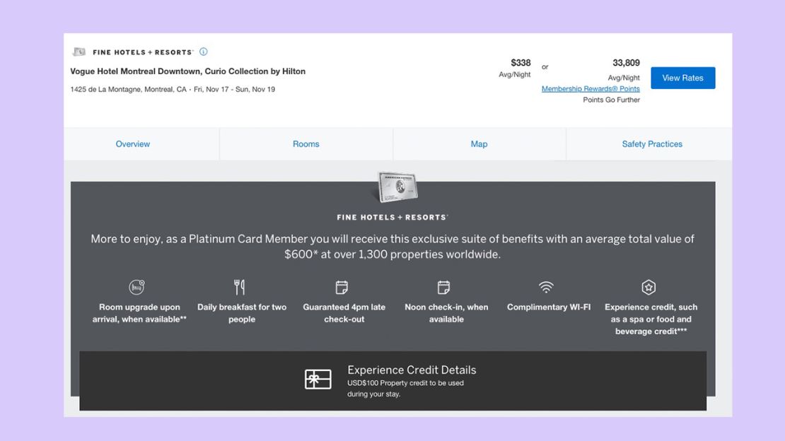 A screenshot of the benefits included when booking a hotel in Montreal through American Express Fine Hotels and Resorts 