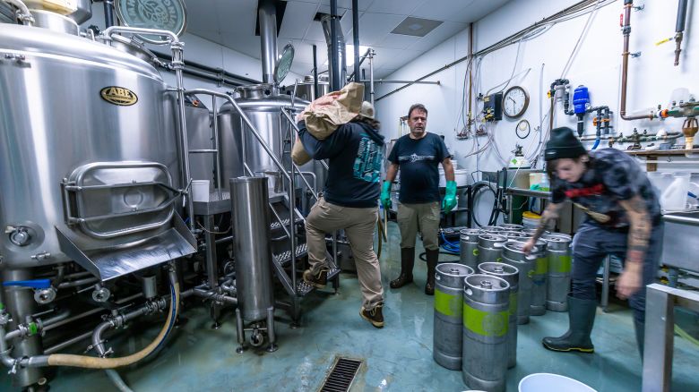 Active brew day and keg cleaning at Amherst Brewing in Amherst, Massachusetts, in October 2022.