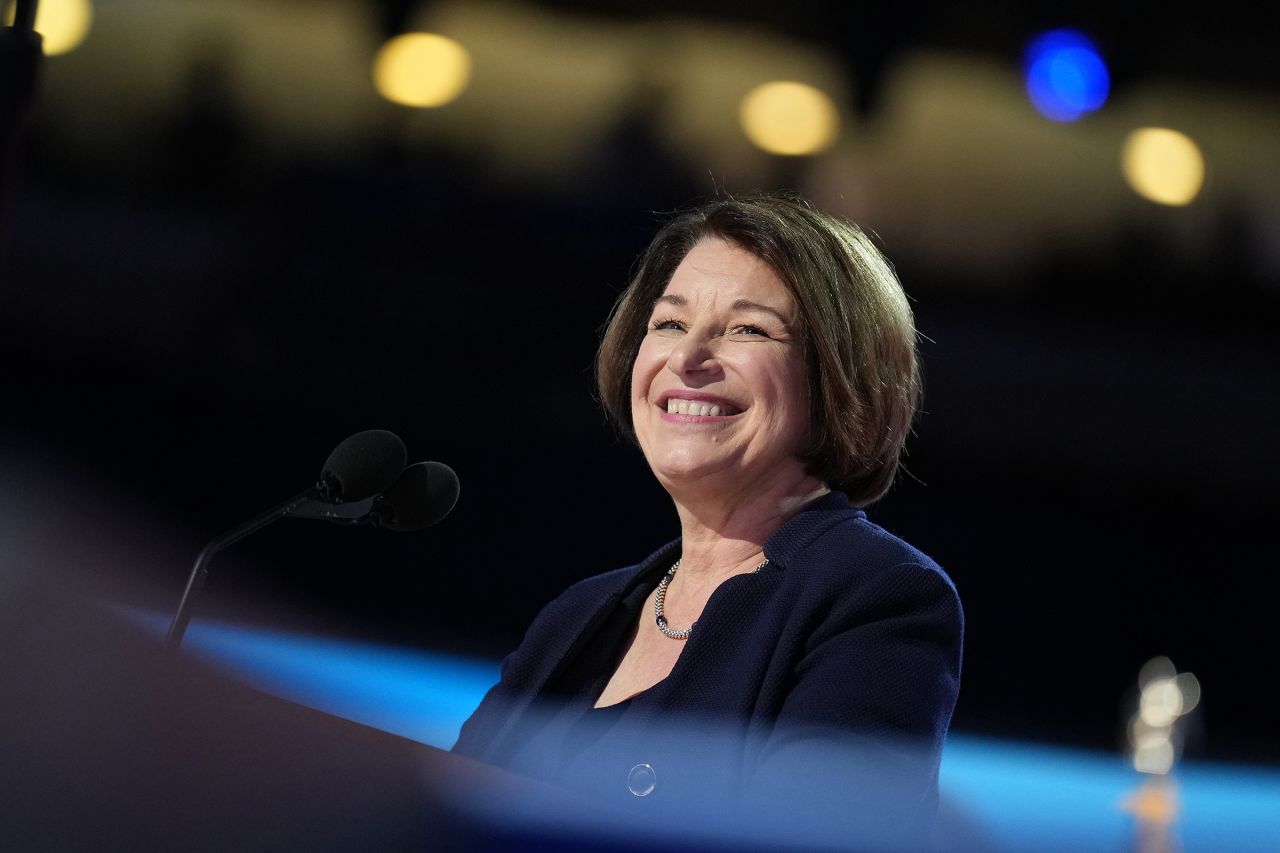 Sen. Amy Klobuchar speaks on stage during the third day of the Democratic National Convention at the United Center on August 21 in Chicago. 