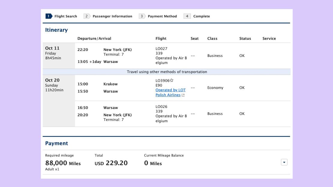 A screenshot of an ANA award itinerary from New York to Poland in business class