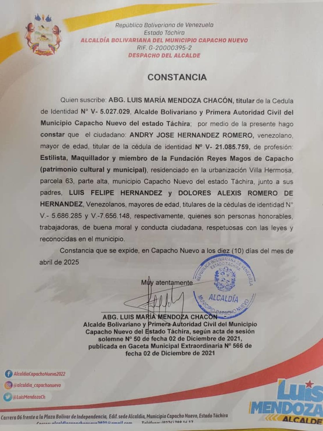 Constancia de persona honorable de Andry.