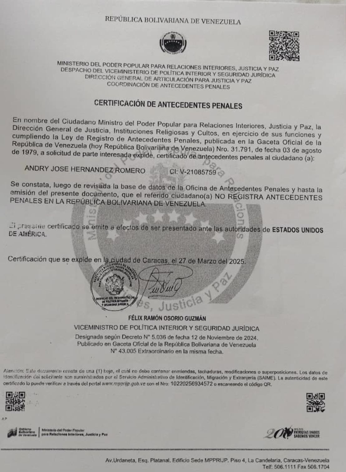 Certificación de antecedentes penales de Andry.