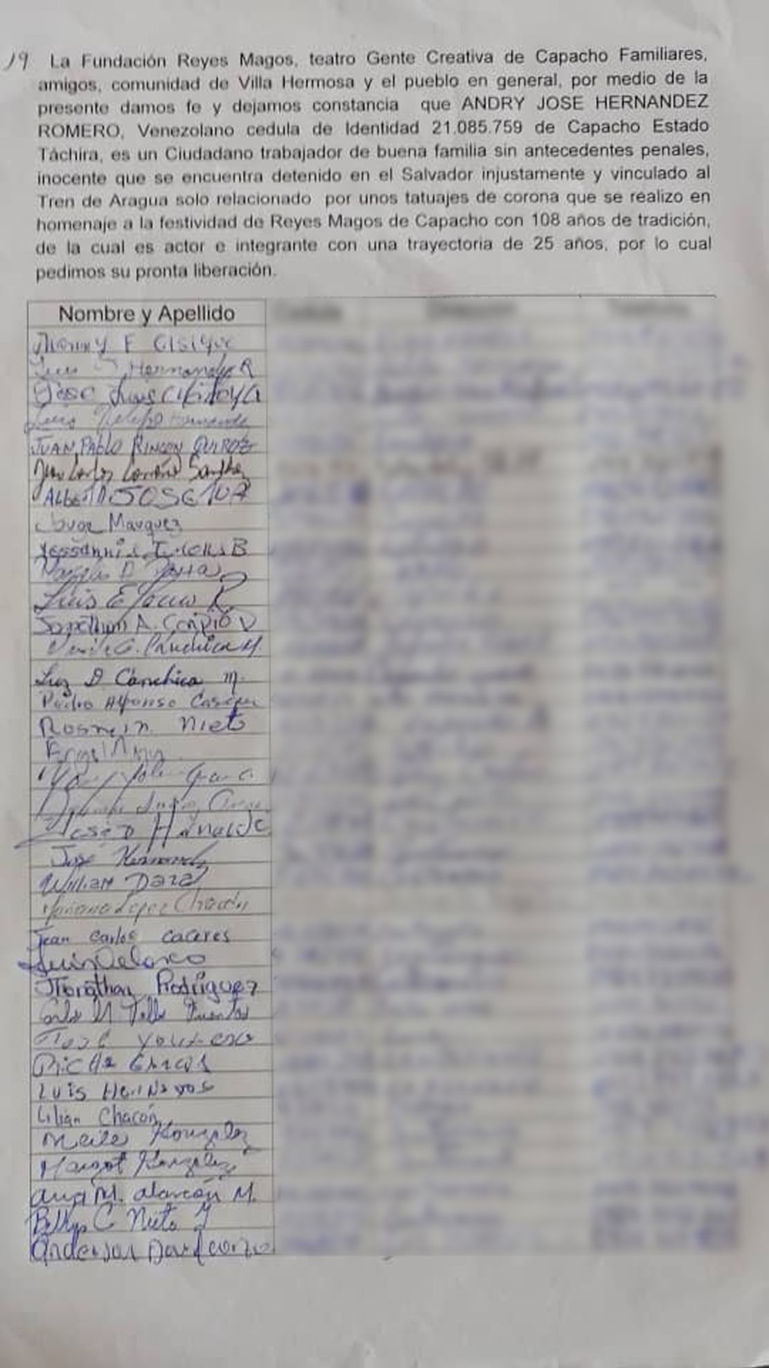 Una de las seis hojas con firmas de la comunidad en favor de Andry Hernández.