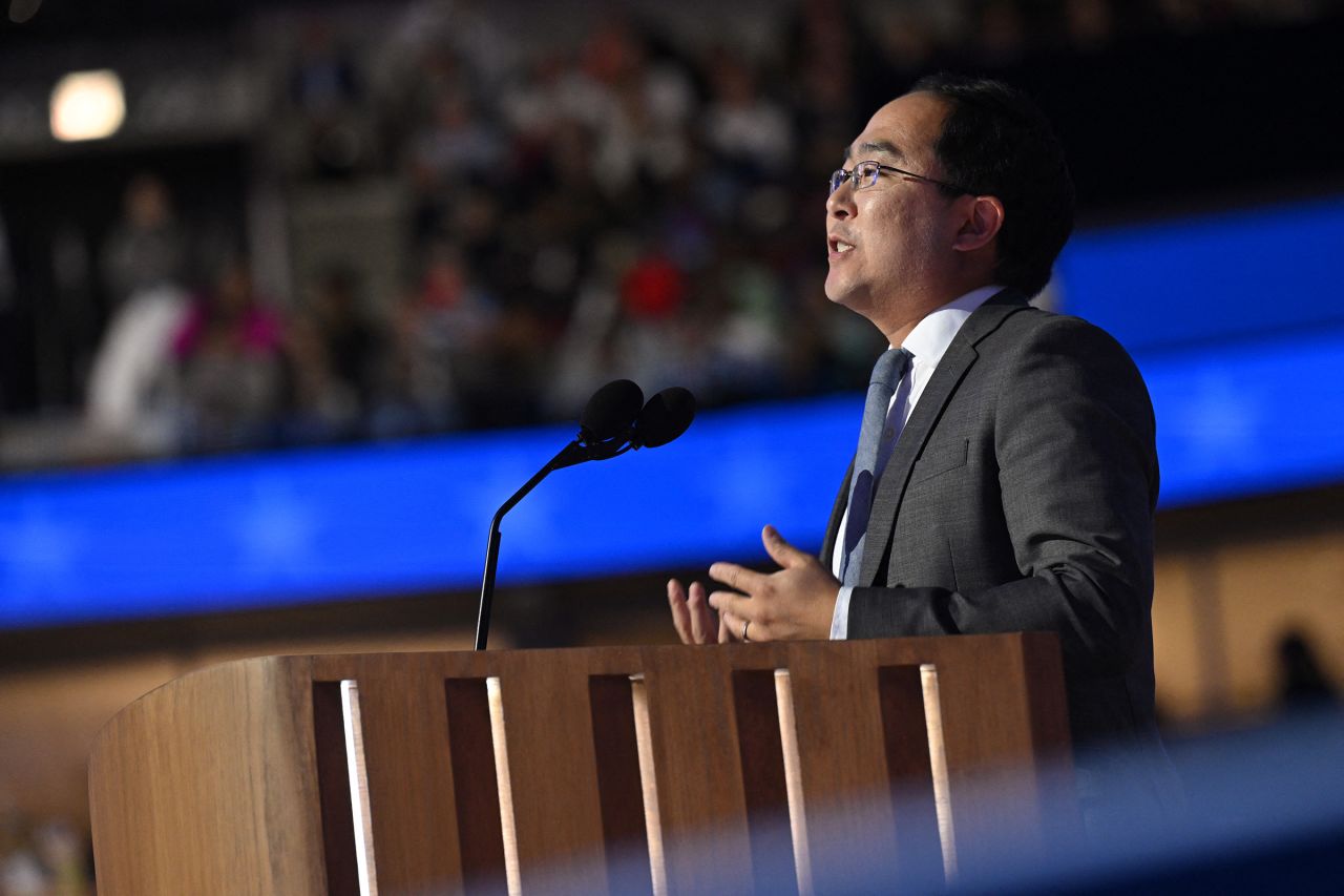 Democrat Andy Kim speaks at the Democratic National Convention in Chicago on August 21.