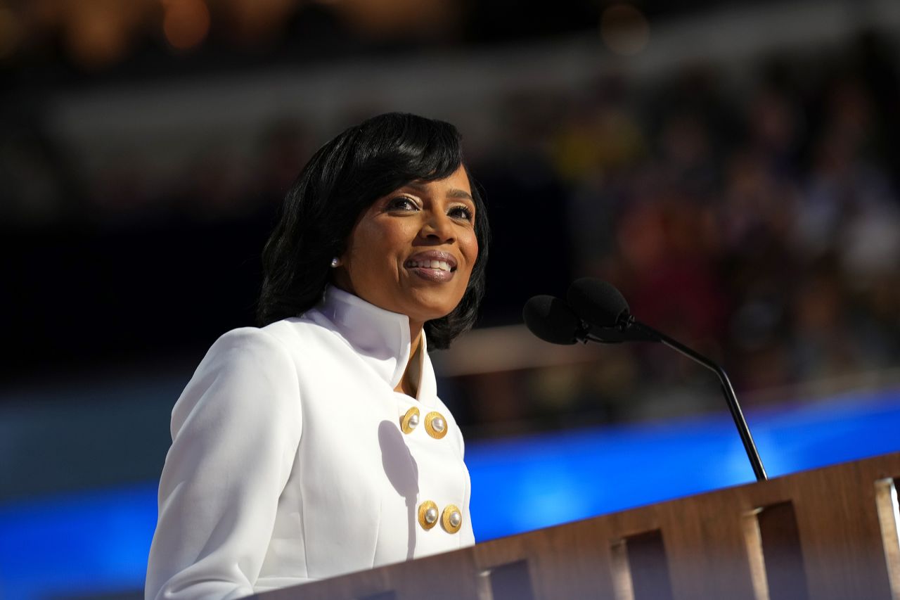 Maryland Democratic Senate candidate Angela Alsobrooks speaks on stage during the second day of the Democratic National Convention at the United Center on August 20 in Chicago.