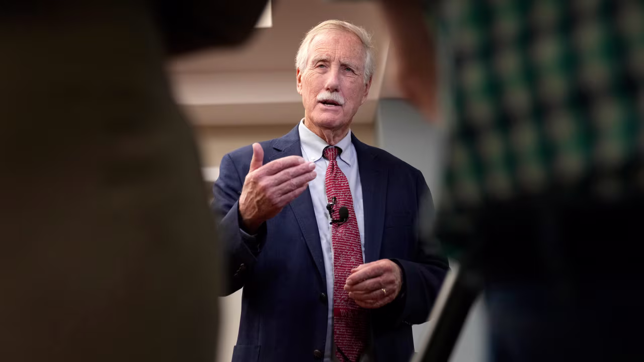 Sen. Angus King speaks to reporters after on May 29 in Augusta, Maine.