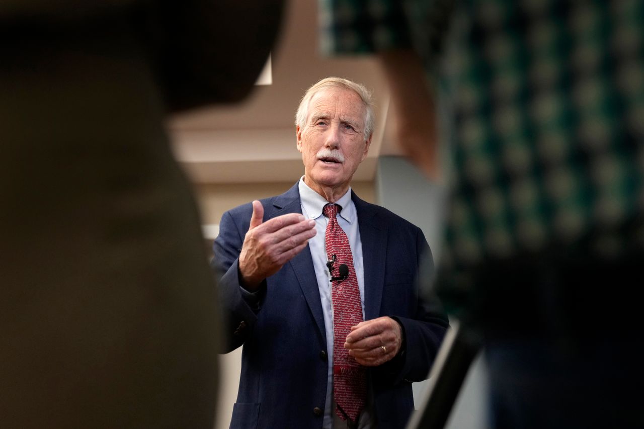 Sen. Angus King speaks to reporters after on May 29 in Augusta, Maine.