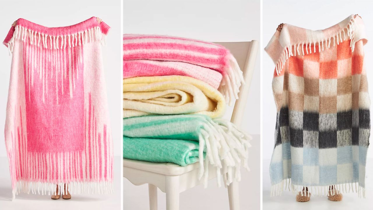 Three images of blankets. The left and right are individual blankets being held up by a person. The middle image is a stack of folded blankets on a chair.