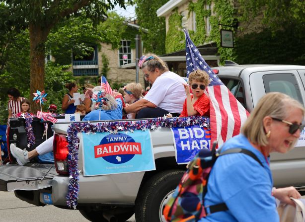 Biden/Harris and Sen. Tammy Baldwin campaign signs and stickers adorn a truck in Cedarburg's Fourth of July Parade.