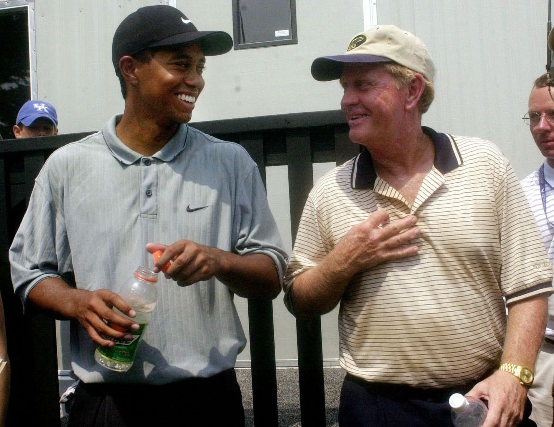One more Masters win would see Woods (pictured, 2000) tie Nicklaus (right) with six wins at Augusta National.