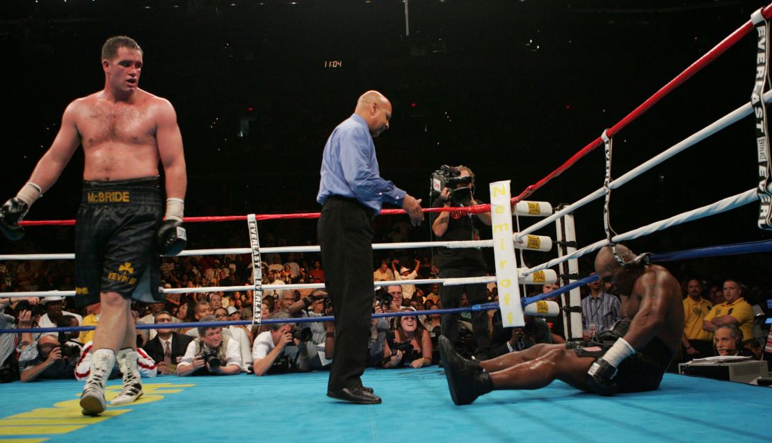 Tyson's (right) last professional fight took place in 2005 when he lost to Ireland's Kevin McBride (left).