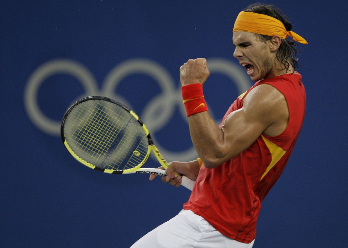 Nadal celebrates at the final of the men's singles competition at the Beijing Olympics.