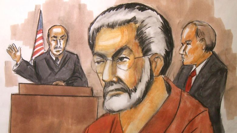 This 2010 courtroom artists drawing shows Chicago businessman Tahawwur Hussain Rana, center, as he appears before in a Chicago federal court.