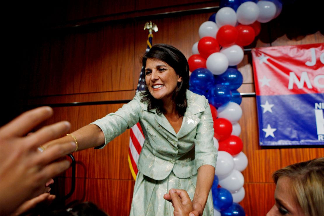 On November 3, 2010, South Carolina Gov.-elect Nikki Haley greets supporters in Columbia after delivering her acceptance speech.