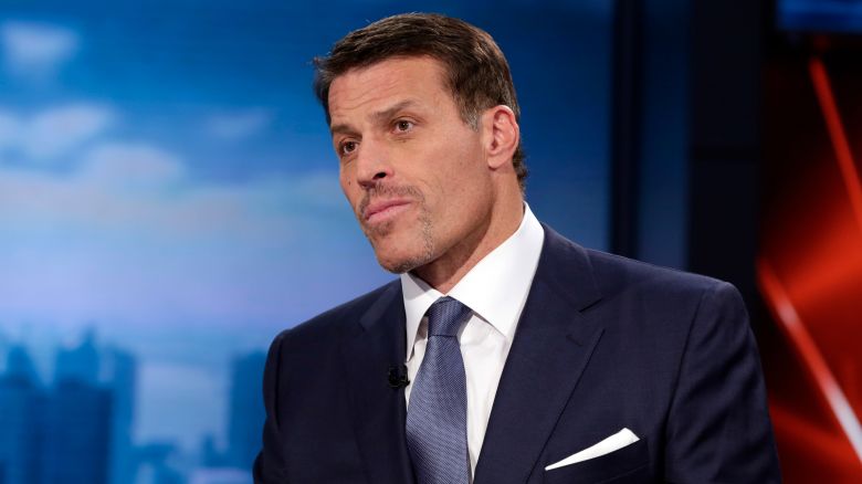 Tony Robbins, motivational speaker, personal finance instructor, and self-help author, is interviewed during the taping of "Wall Street Week," on the Fox Business Network, in New York Thursday, March 17, 2016. (AP Photo/Richard Drew)