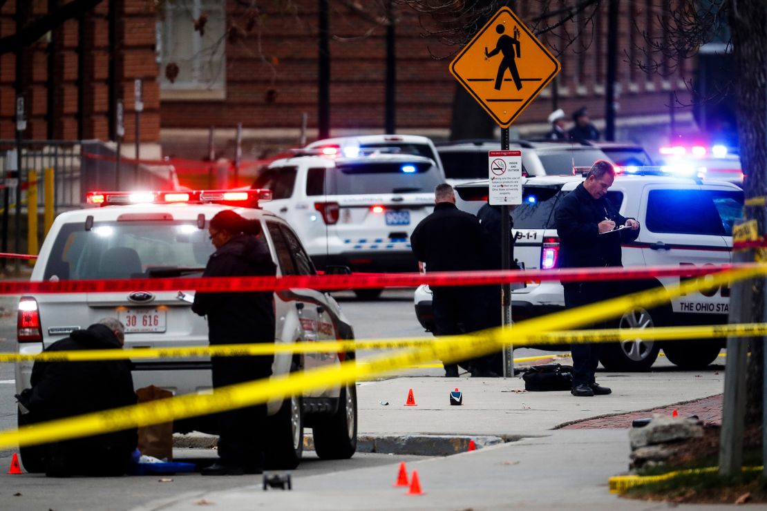 Investigators collect evidence at the scene of an attack at Ohio State University.