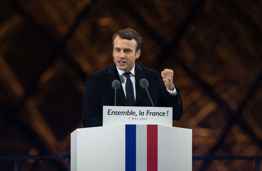 Emmanuel Macron delivers a speech at the Louvre Museum in Paris after winning the French presidential election in May 2017.