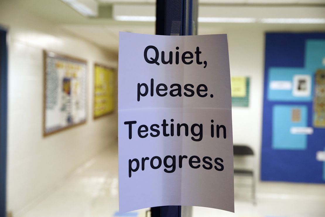 In this Jan. 17, 2016 file photo, a sign is seen at the entrance to a hall for a college test preparation class in Bethesda, Md.