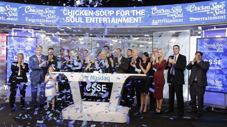 Chicken Soup for the Soul Entertainment executives ring the opening bell at the Nasdaq in 2017.