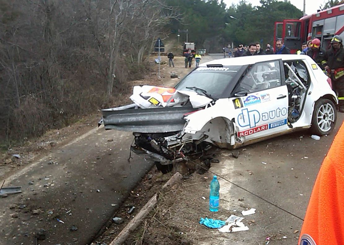 Kubica's wrecked rally car is seen after his crash in 2011.