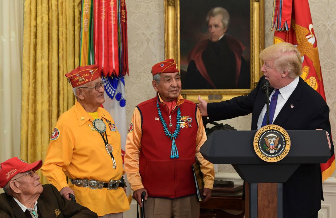 President Donald Trump honors Code Talkers, including Fleming Begaye Sr., left, Begay, center, and MacDonald, right, during a White House ceremony in 2017.