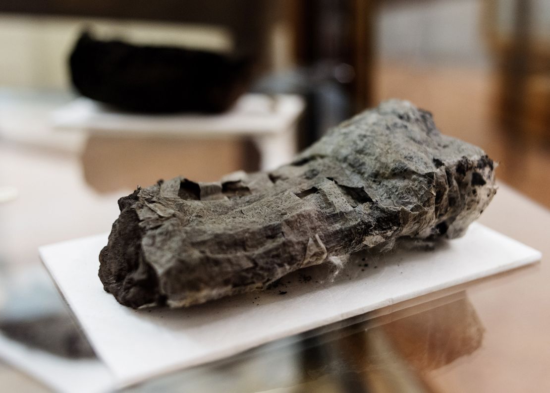 The scroll was one of hundreds retrieved from the remains of a lavish villa at Herculaneum, which along with Pompeii was one of several Roman towns that were destroyed when Mt. Vesuvius erupted in 79 AD.