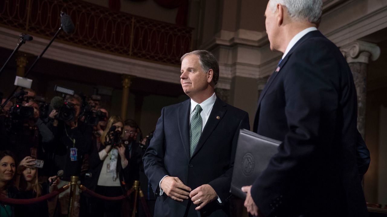 UNITED STATES - JANUARY 03: Sen. Doug Jones, D-Ala., is seen after being administered an oath by Vice President Mike Pence, right, during a swearing-in ceremony in the Capitol's Old Senate Chamber after the actual event on the senate floor on January 3, 2018. (Photo By Tom Williams/CQ Roll Call) (CQ Roll Call via AP Images)