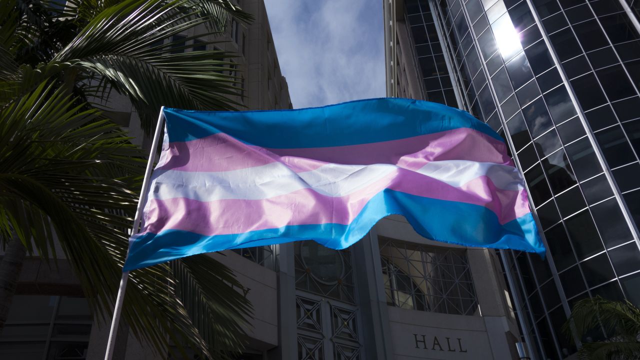 A transgender flag is seen waving during the We Wont Be Erased transgender rights movement during a gathering at City Hall in Orlando, Florida on Saturday, October 27, 2018. (Alex Menendez via AP)