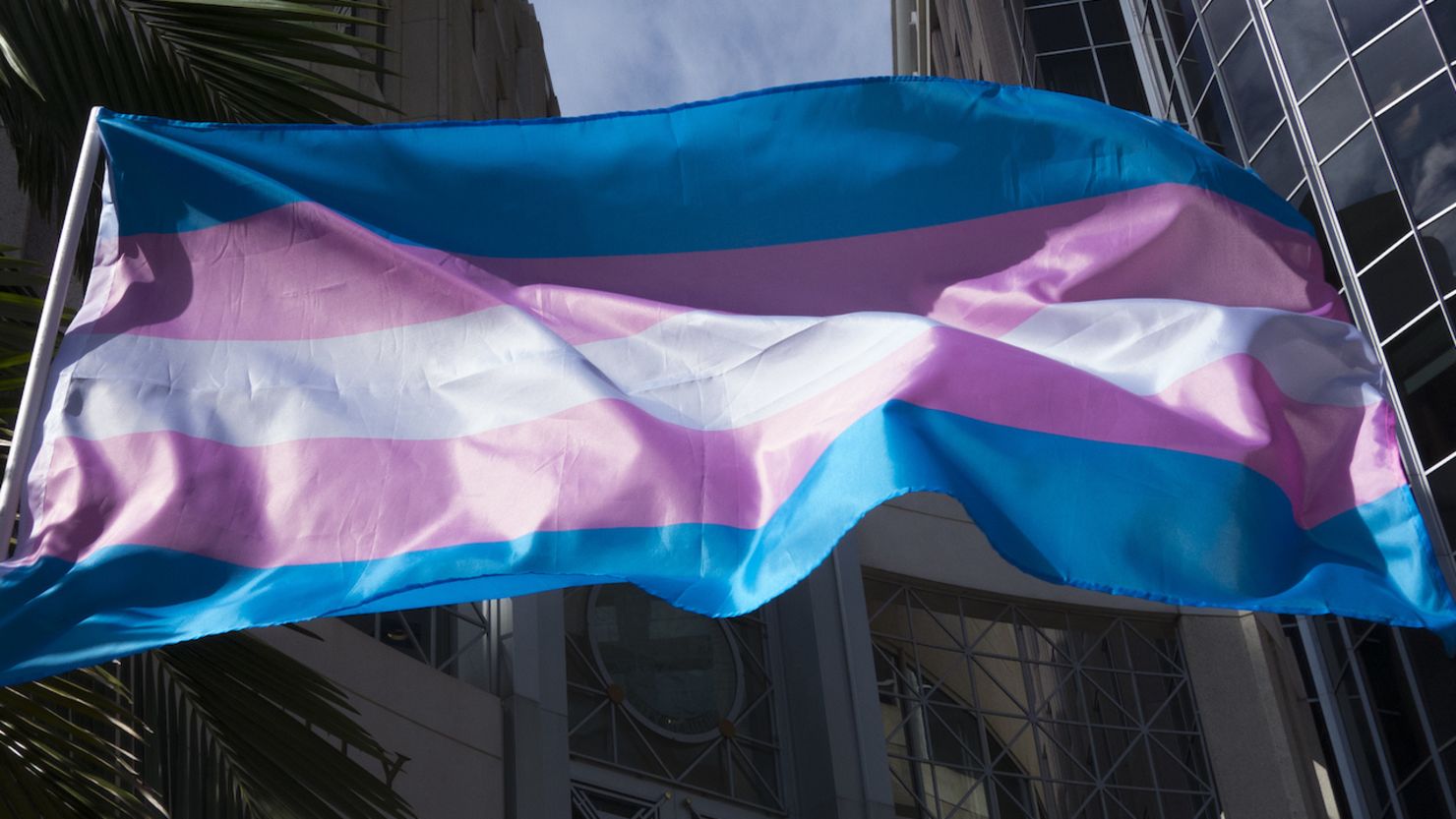 A transgender flag is seen waving during a gathering at City Hall in Orlando, Florida, in 2018.