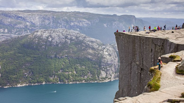 Preikestolen, Pulpit Rock, 600 meters over LyseFjord, Lyse Fjord, in Ryfylke district, Rogaland Region, It is the most popular hike in Stavanger area, Norway. (Lucas Vallecillos / VWPics via AP Images)